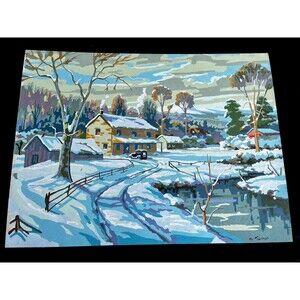 Vintage 1950s Paint by Number Winter Shadows Original Oil Painting Landscape